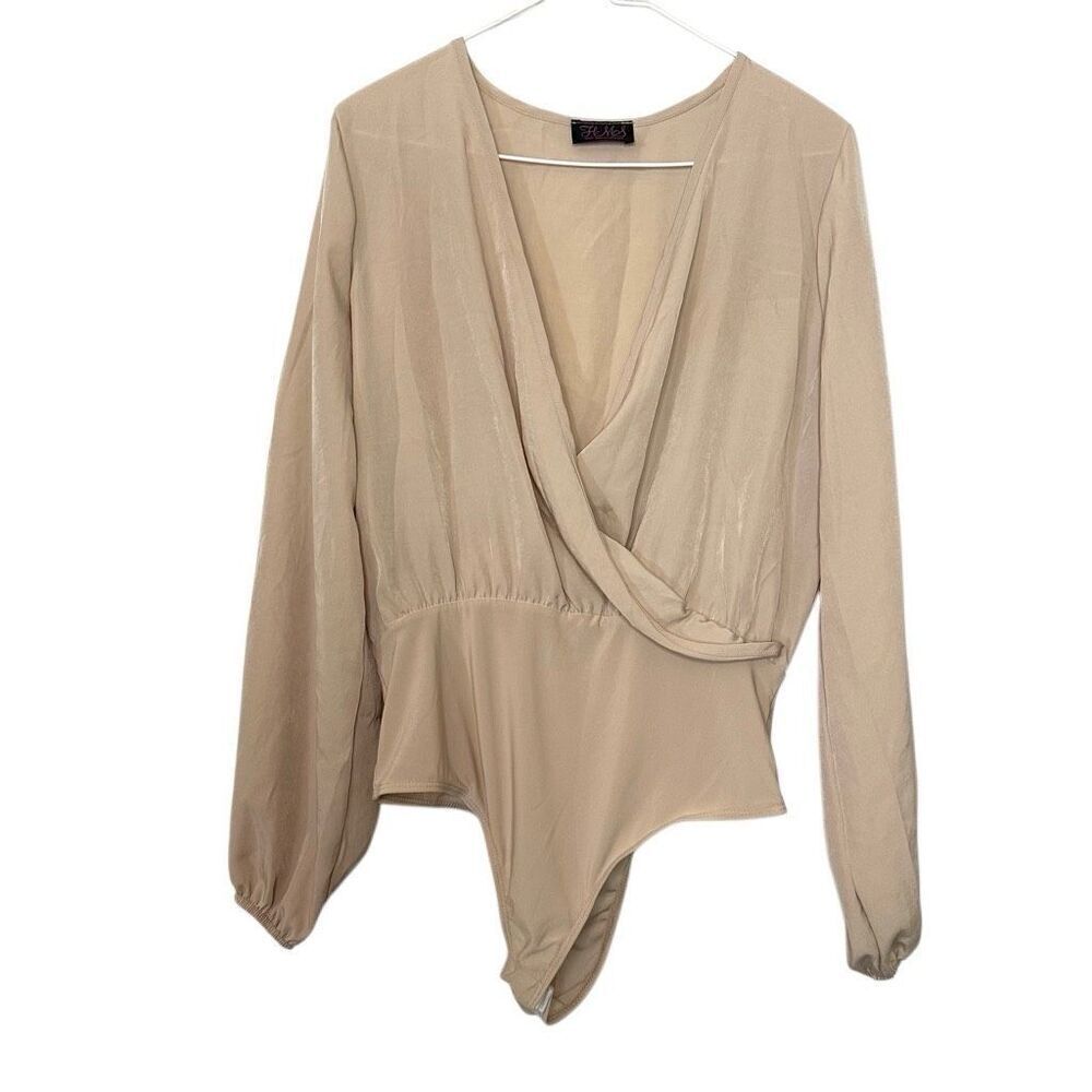 HMS Hot Miami Styles Plunge Surplice Long Sleeve Chiffon Bodysuit Nude Large